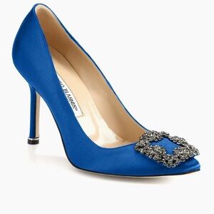 MANOLO BLAHNIK cobalt blue Hangisi 105MM Embellished Satin Pumps 39
